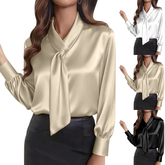 Women's Tops Dressy 2026 Bow Tie Neck Satin Shirts Long Sleeve Elegant Silk Blouses Dressy Casual Business Work Tops