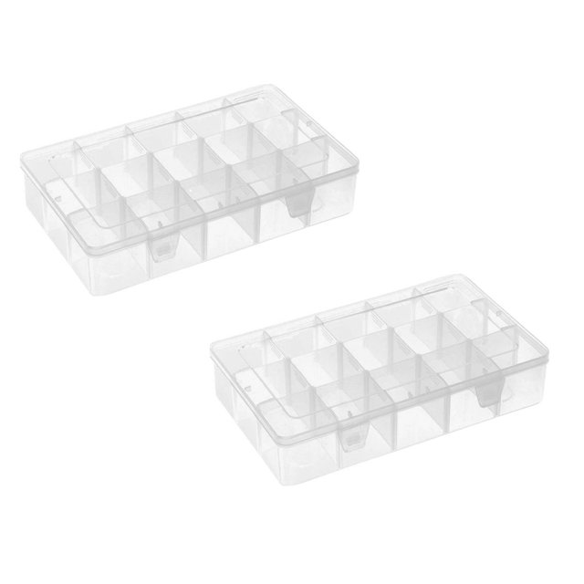 Oleegame 2PC Produce Storage Adjustable Divider Snack Box Serving Tray With Lid Reusable 15 Compartment Snack Tray For Kids School Picnic Road Trip Snack Boxes Clear