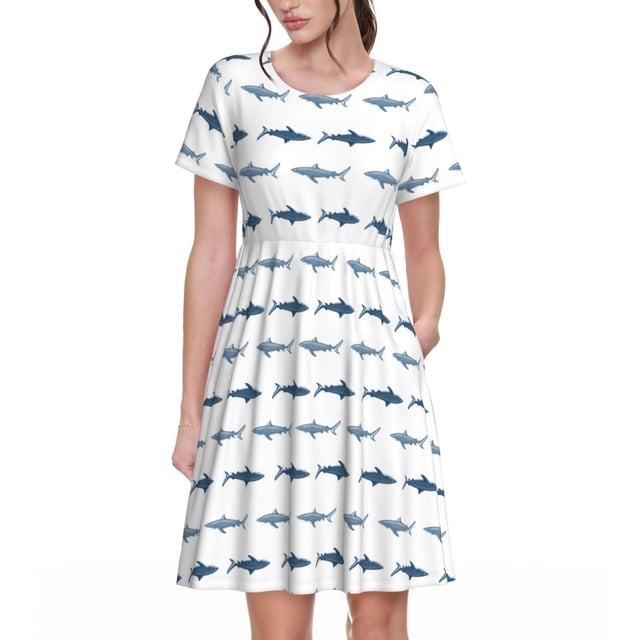 Disketp Cute Shark para Vestido de Manga Corta para Mujeres, Vestidos de Verano para Mujeres, Casual y Holgado para la Playa