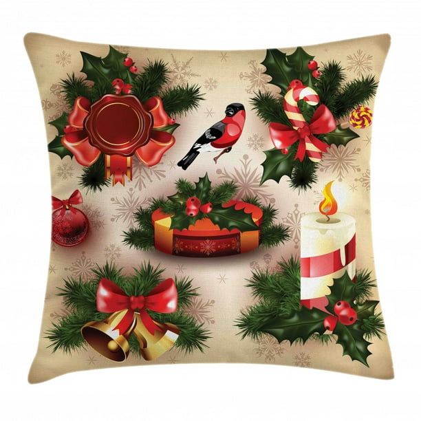 Christmas Decorations Throw Pillow Cushion Cover Vintage Classical Religious Candle Bell Mistletoe Ribbon Bird Art Print Decorative Square Accent Pillow Case 20 X 20 Inches Multi By Ambesonne Walmart Com Walmart Com