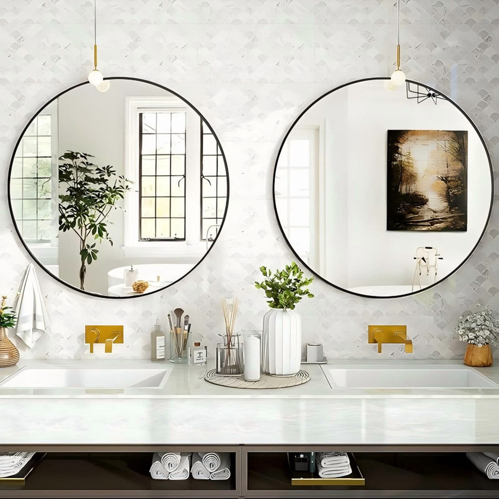 GRAHMCY 36" Round Bathroom Mirror Modern Circle Mirror leaning or Wall Mounted, Black