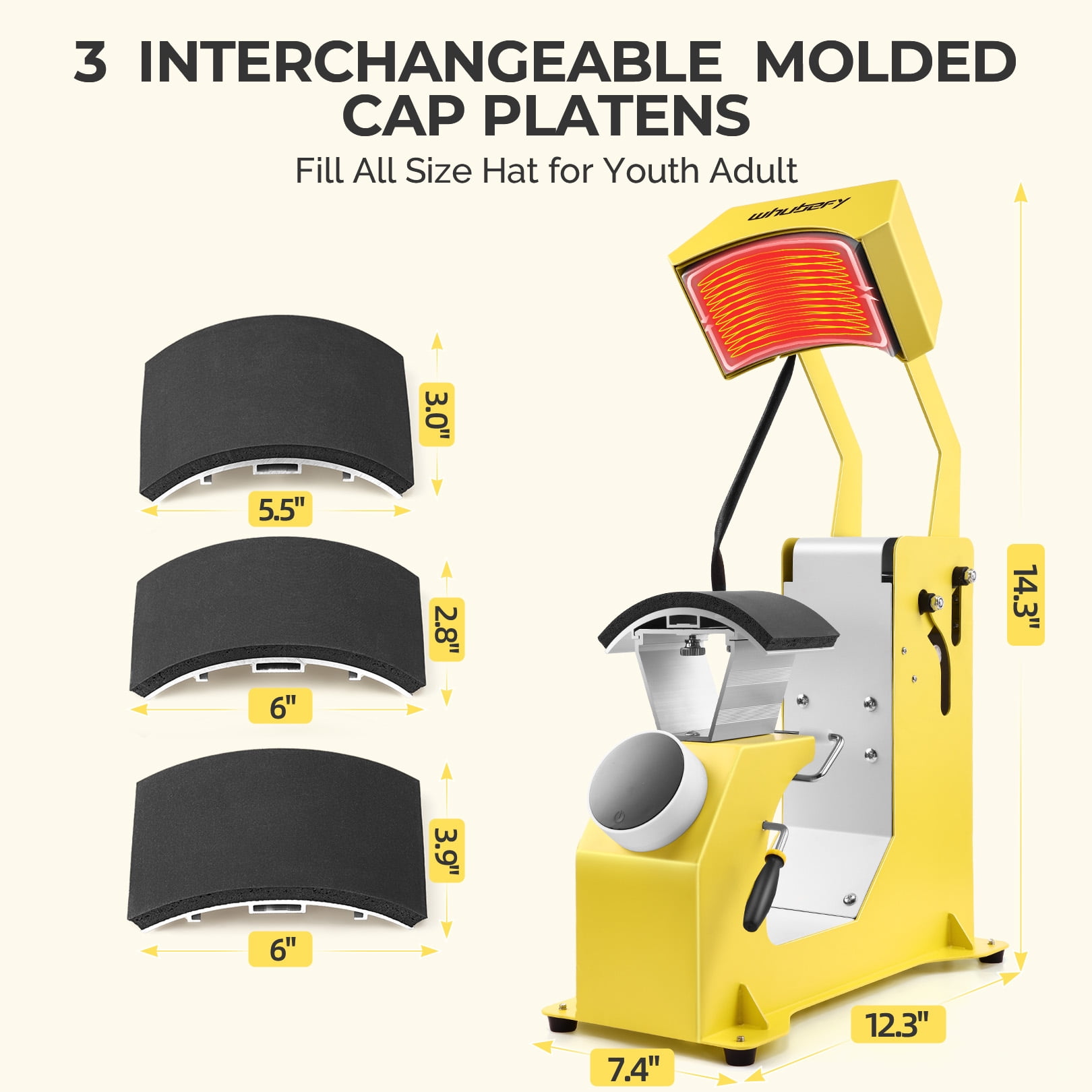 Adnoom 3-in-1 Hat Heat Press, Auto Cap Heat Press Machine with 3 Platens, Yellow