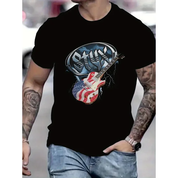 Men's Black Short-Sleeve T-Shirt, Styx American Flag Guitar Lightning Graphic, Round Neck Cotton Tee for Rock Music Fans