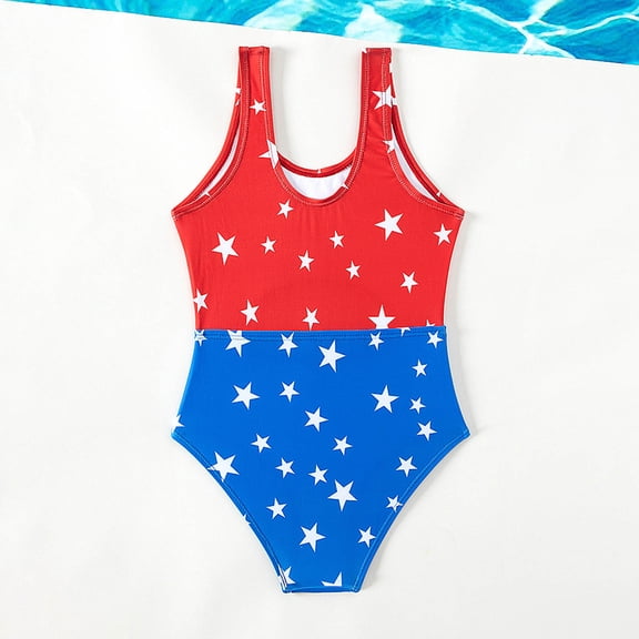 Girls One Piece Swimsuits Star Colorblock One-Piece Swimsuit for Independence Day Toddler Bathing Suit Girl Red 6-7 Years