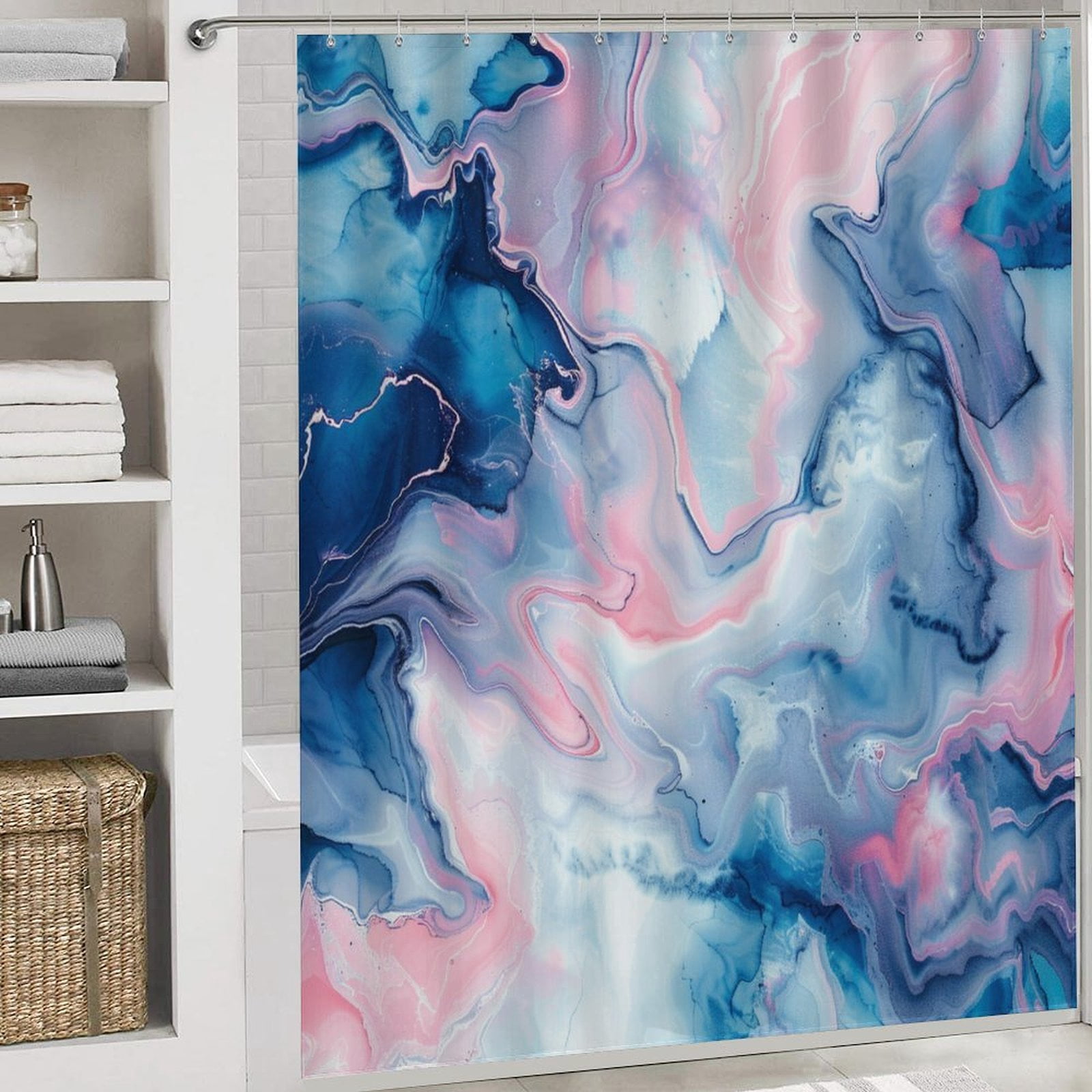 4 Piece Decor Shower Curtains Sets Bathroom Sets with Shower Curtain And Rugs 4 Piece Light Blue Pink Marble Texture Waterproof Fabric Bath Curtain Stone Surface Pattern for Bathtub Decor
