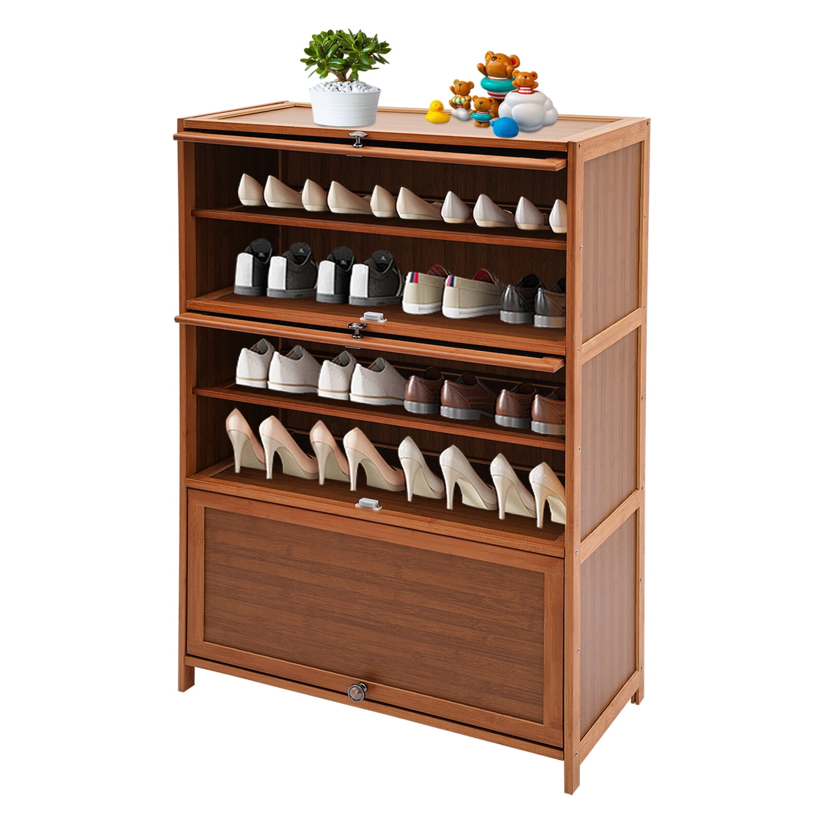 Miumaeov 25.56'' Shoe Cabinet Bamboo Shoe Rack Storage Shelf Living Room Entryway Shoes Organizer w/ 3 Flip-up Door