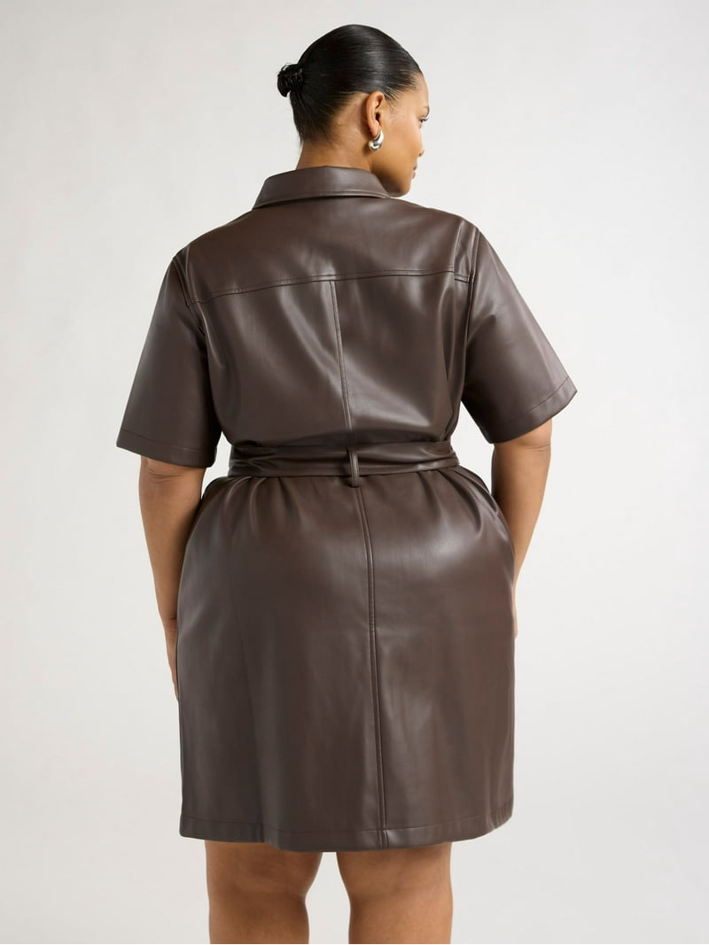Scoop Women's and Women's Plus Faux Leather Collared Mini Shirt Dress with  Short Sleeves, Sizes XS-4X - Walmart.com