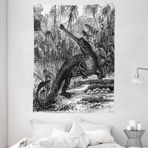 Vintage Tapestry, Old Fashion Sketch of A Crocodile in Forest Wildlife Nature Woods Fossil Picture, Wall Hanging for Bedroom Living Room Dorm Decor, 60W X 80L Inches, Charcoal Grey, by Ambesonne