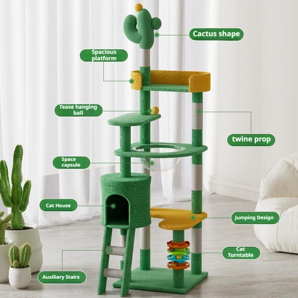 71in Cat Tree Tower, 6 Level Cactus Style Cat Tree,Multifunctional Cat Tree with Cat Hanging Play Ball, Sleep Bowl, Cat House, Scratching Post, and Cat Rolling Play Toy, All in One Cat Tree