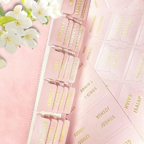 Bible Index Tabs for Women - 80 Large Gold Foil Laminated Leather Paper Bible Study Journaling Supplies, 66 Old New Testament + 14 Blank Self-Stick Tabs Easy Navigation & Organization (Pink)