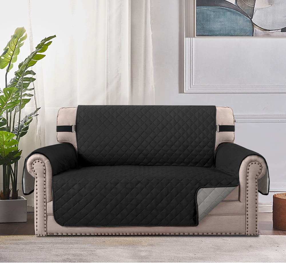 SHANNA Sofa Covers for Loveseat, Water Repellent Reversible Quilted Sofa Slipcovers, Non Slip Sofa Covers 2 Seater, Furniture Protector with Elastic Strap for Pets Kids Dog Cat, Black, 2-Seater