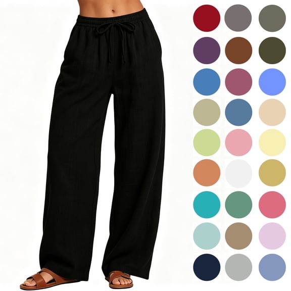 POROPL Womens Pants, Casual Loose Cotton-Linen Wide Leg Drawstring Elastic Waist, Black, Size L