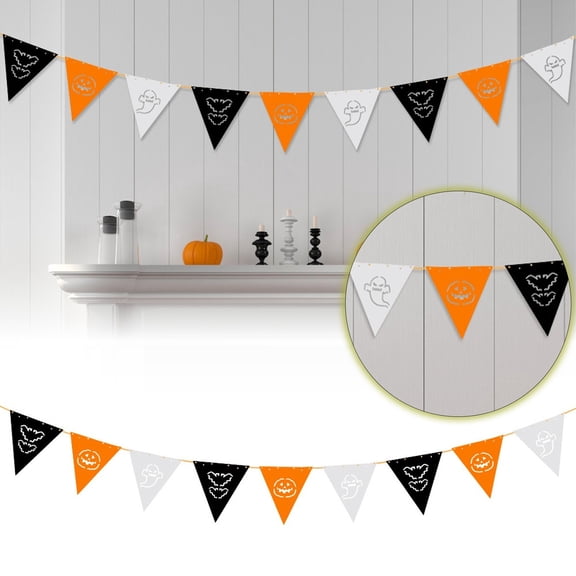 8.8Ft Orange Black White Halloween Pennant Banner Fabric Flag Bunting for Thanksgiving Wedding Party Decor