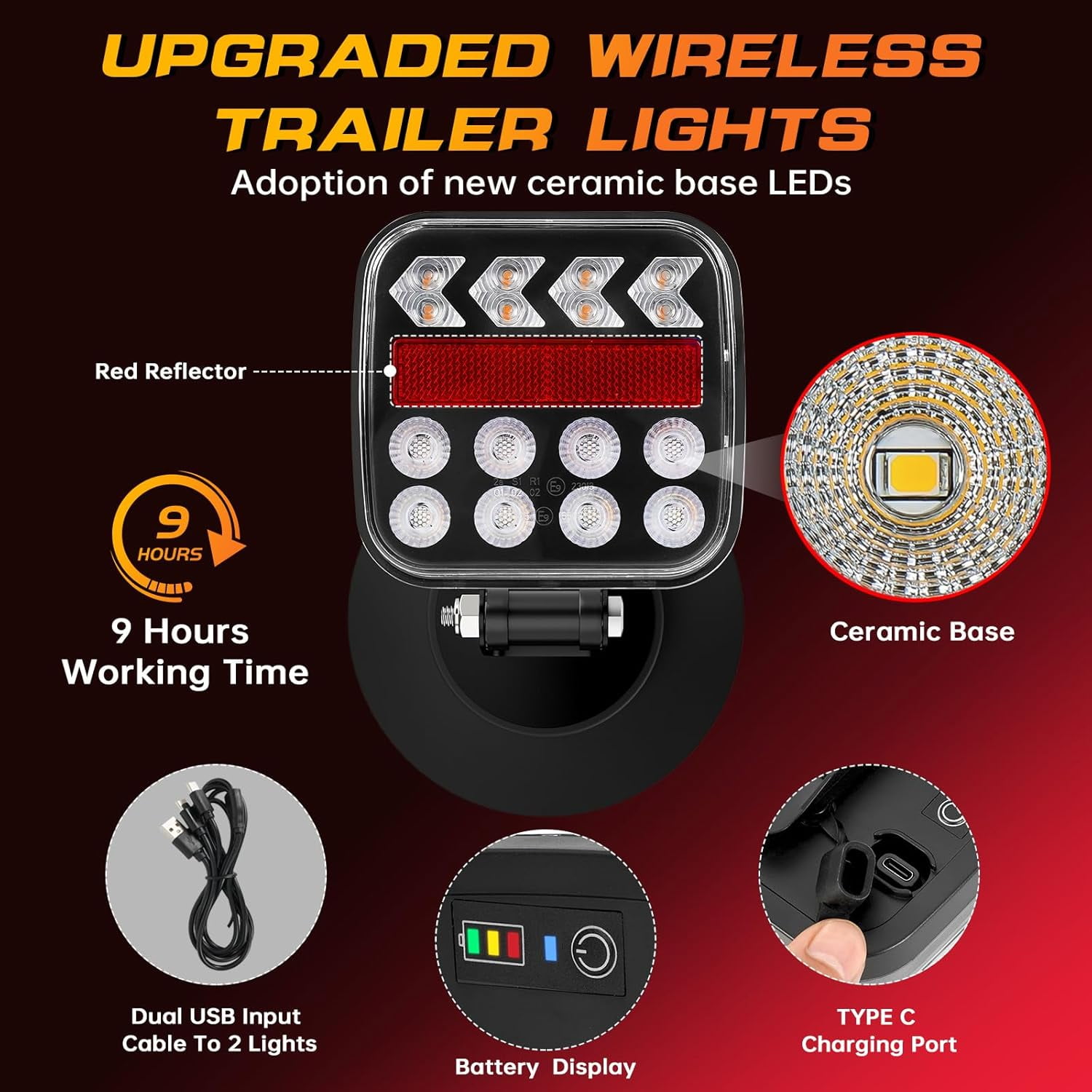 MUSICOZY Wireless Trailer Lights, Adjustable Magnetic LED Trailer Lights with Reflectors, Rechargeable Tow Tail Light Kit for Trucks, Boats, RVs, Campers, IP67 Waterproof