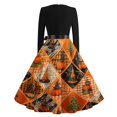thumbnail image 4 of Halloween Dresses for Women Spider Printed Long Sleeve Classic Dresses Candy Cocktail V-Neck Horror Tea Length Dress with Belt 5XL, 4 of 7