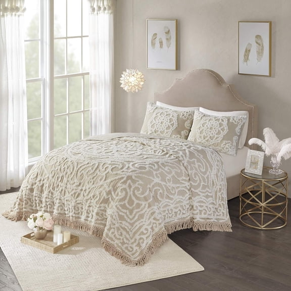 Laetitia Lightweight Cotton Quilt Set, Breathable Chenille Tufted, Shabby Chic Boho Medallion Design, Sham, Floral Taupe w/ Tassels, Full/Queen-2 Piece