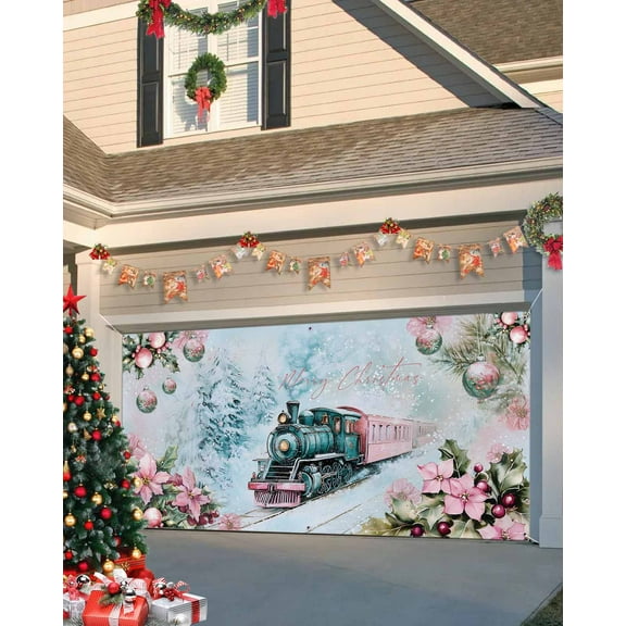 Garage Door Banner Cover 7 x 16 ft, Merry Christmas Train Snow Flowers Lights Berries Pink Christmas Garage Door Decorations Holiday Christmas Backdrop Decor for Winter New Year Xmas Party