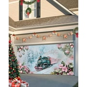 Garage Door Banner Cover 6 x 13 ft, Merry Christmas Train Snow Flowers Lights Berries Pink Christmas Garage Door Decorations Holiday Christmas Backdrop Decor for Winter New Year Xmas Party