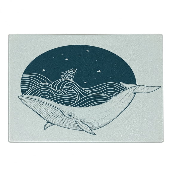Whale Cutting Board, Big Mammal Swimming in a Wavy Ocean Stars and Old Antique Ship Art Print, Decorative Tempered Glass Cutting and Serving Board, Small Size, Teal White, by Ambesonne