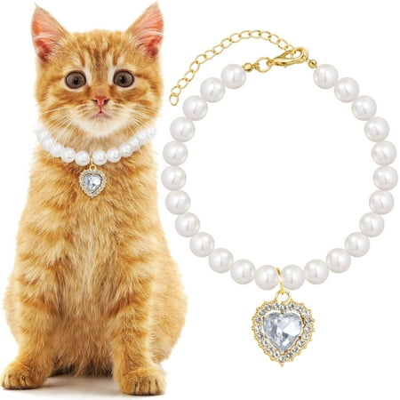 Pearl Collar for Cat Puppy  Small Cute Heart Shape Rhinestone Pet Necklace  Adjustable Wedding Party Pet Jewelry Accessories for Puppy Kitten- White
