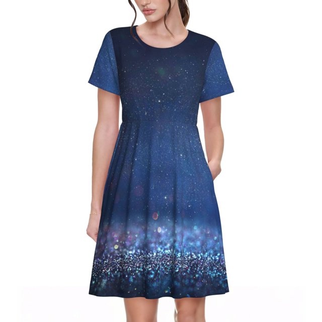 Disketp Retro Blue Glitter para Vestido de Manga Corta para Mujeres, Vestidos de Verano para Mujeres, Casual y Holgado para la Playa