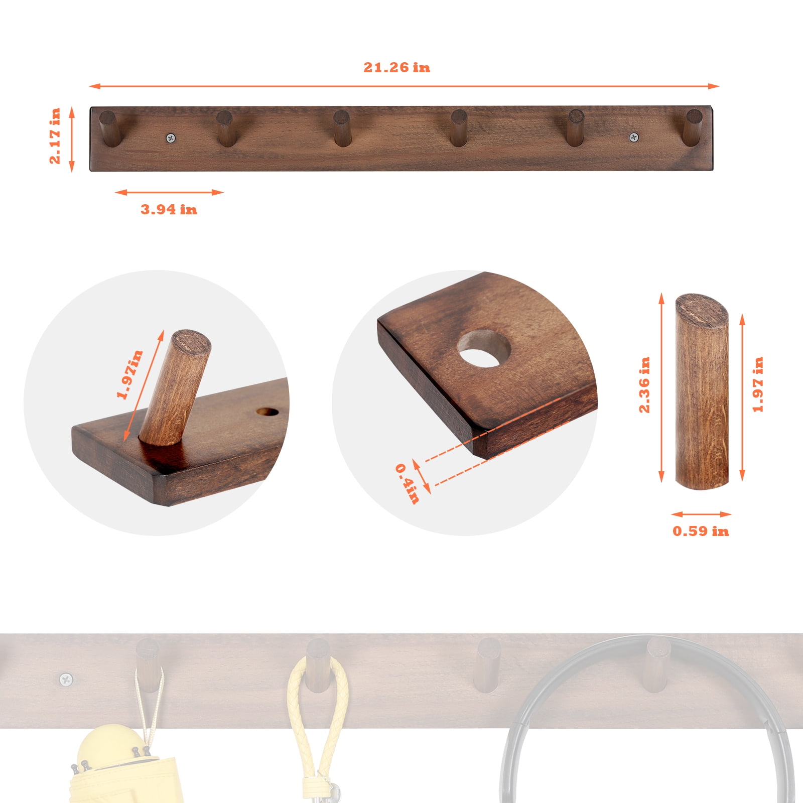 Wall Mounted Wood Coat and Hat Rack, 6 Hooks, Dark Brown