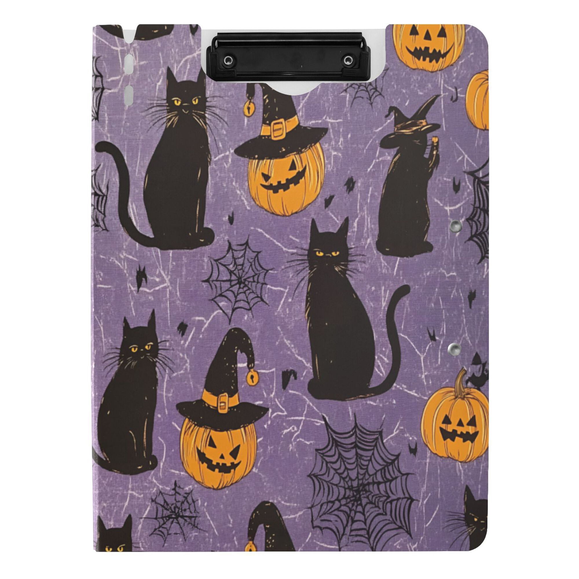 FORMRS A4 Clipboard Folder with Pen Holder Horizontal Foldable School Office Binder, Purple Halloween Black Cat
