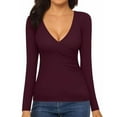 thumbnail image 2 of Womens Tops Casual T Shirts Cross Ruched V Neck Long Sleeve Solid Basic Tight Gift Clothes Black, 2 of 5