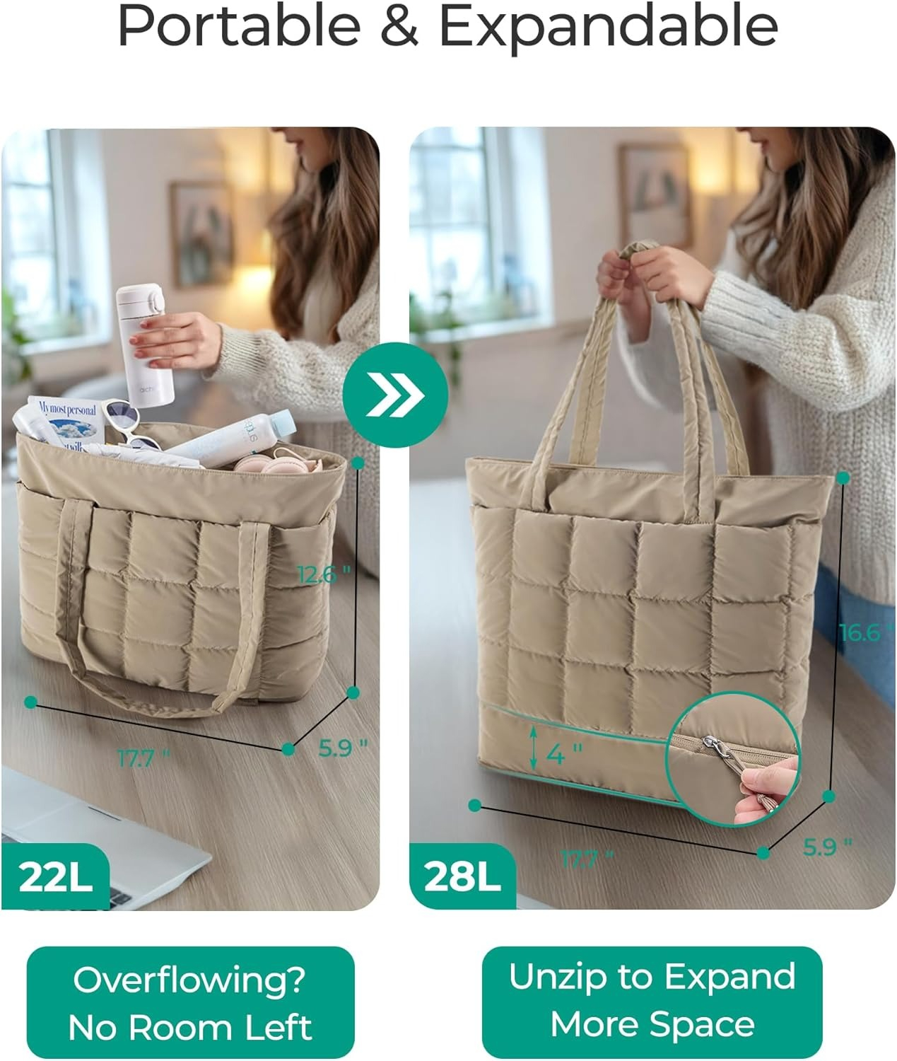 Omlopp Large Tote Bag for Women, Expandable Puffer Work Tote Handbag, Quilted Carry-On Travel Gym Bag-Desert