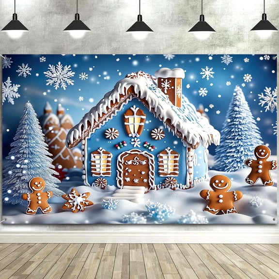 7x5ft Winter Gingerbread House Backdrop, Blue Cookie House Gingerbread Boy Baby Shower Birthday Photography Background Banner Photo Props, Christmas Snowflake Pine Tree Merry Xmas Party Decorations,2