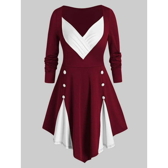 Más el tamaño de dos tonos del cuello del amor Tee de manga larga Rosegal Mangas largas de talla grande