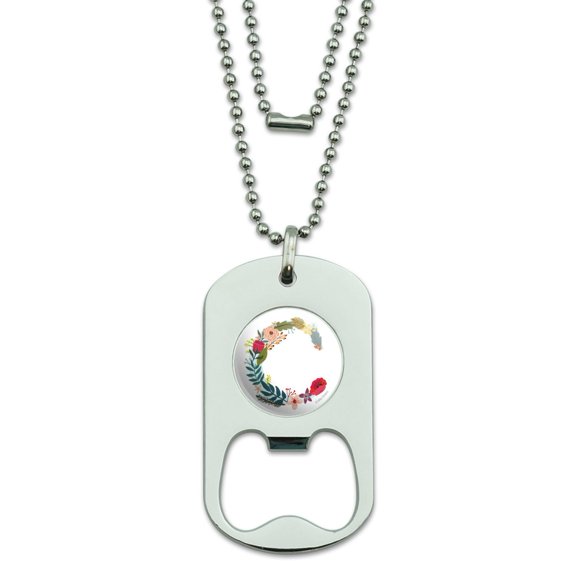 Letter C Floral Monogram Initial Military Dog Tag Bottle Opener Pendant