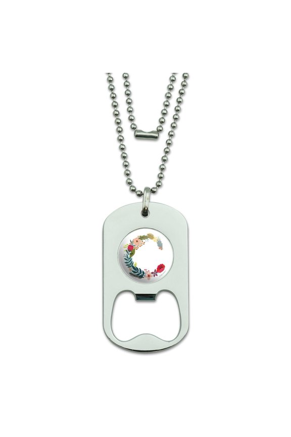 Letter C Floral Monogram Initial Military Dog Tag Bottle Opener Pendant