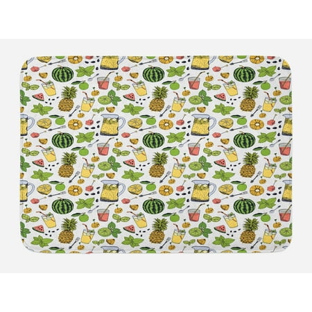 Tropical Bath Mat, Summer Holiday Pattern with Fruits and Cocktails Refreshments Juice and Drinks, Non-Slip Plush Mat Bathroom Kitchen Laundry Room Decor, 29.5 X 17.5 Inches, Multicolor,