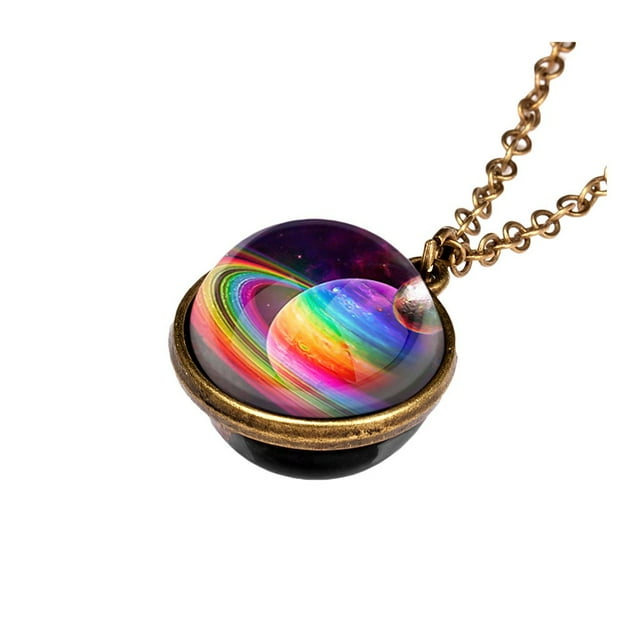 Collier Pendentif Planète Dôme en Verre Double Face Système Galaxie Phosphorescente