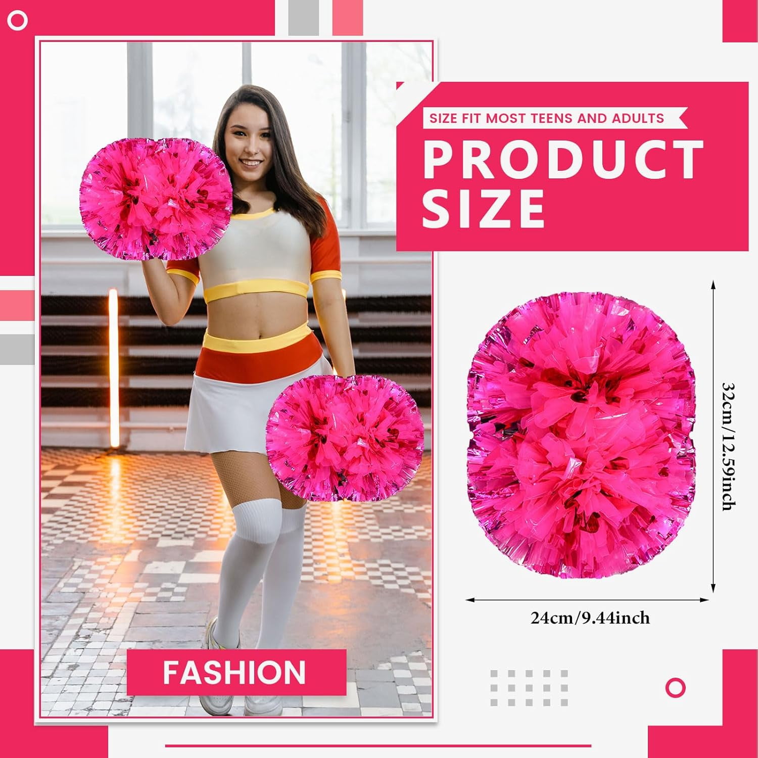 Cheerleader Pom Poms 12 Pack Sports Dance Cheering Plastic Metallic Cheerleading Pom Poms for Kids Adults