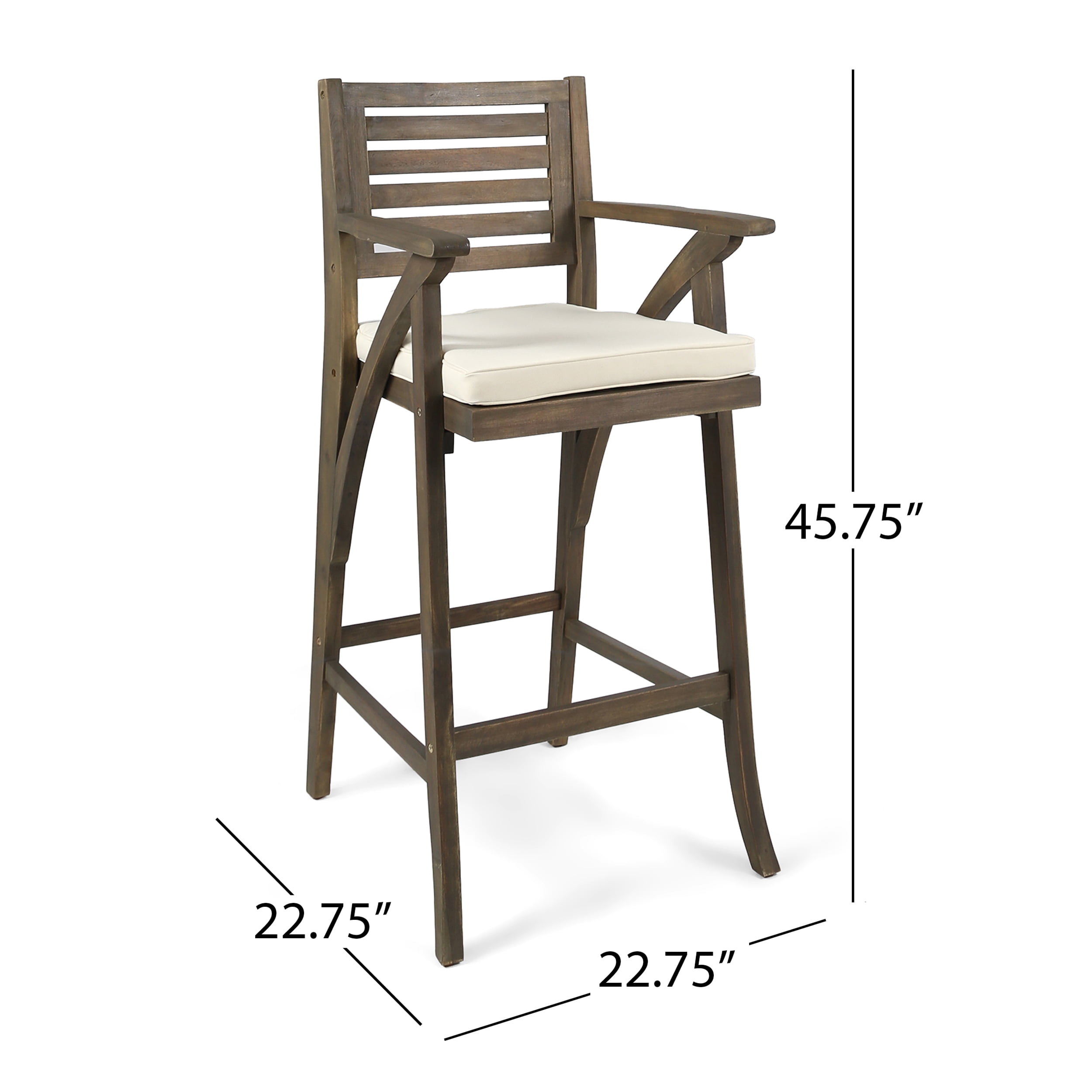 Outdoor Acacia Wood Barstool with Cushion,Cream,Grey