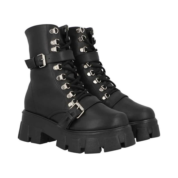Bota Combat Suela Gruesa Track Para Mujer Con Látigos Ajustables Platonia SALOME-01-NEGRO
