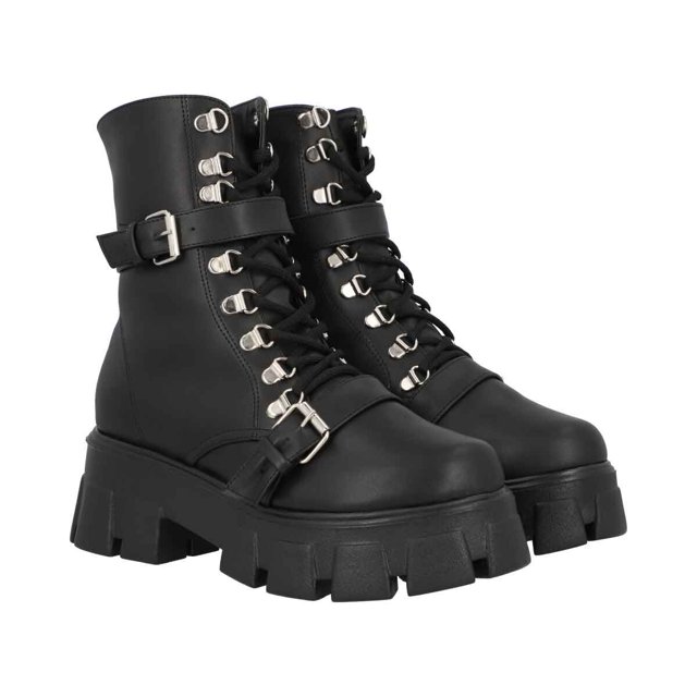 Bota Combat Suela Gruesa Track Para Mujer Con Látigos Ajustables Platonia SALOME-01-NEGRO