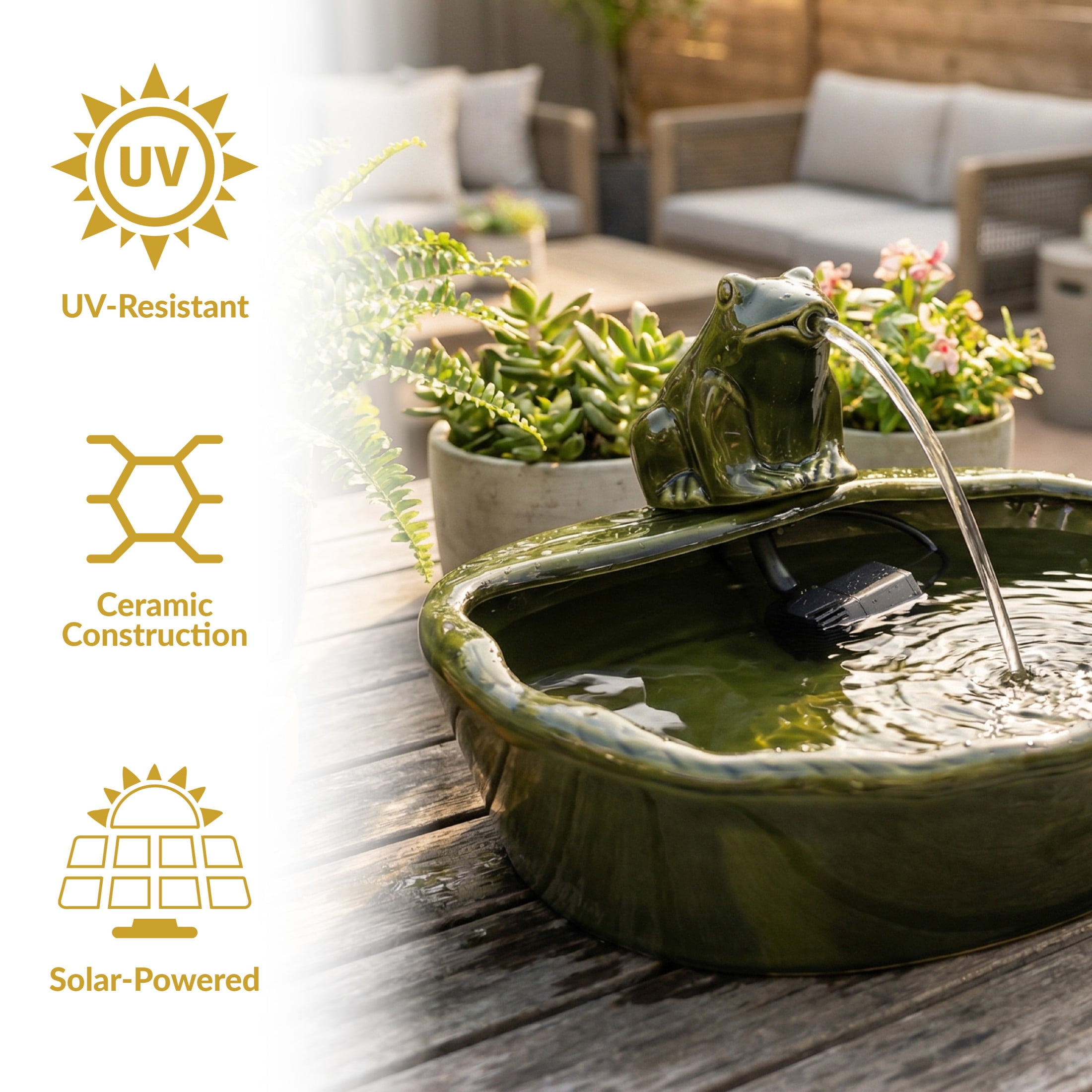 Sunnydaze Frog Contemporary Green Ceramic Solar Water Fountain