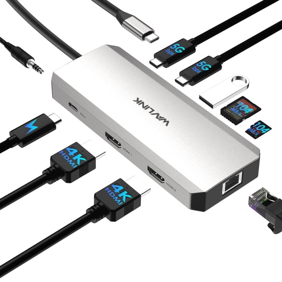 WAVLINK Dual 4K@60Hz Laptop Docking Station, 10-in-1 USB-C Hub with Dual Monitor HDMI, 85W Charging, Gigabit Ethernet, USB-C 5Gbps, SD/Micro SD Reader for Windows & MacOS Laptop