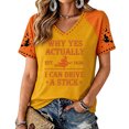 thumbnail image 2 of VXARARL Womens Short Sleeve V Neck Halloween T Shirts Pumpkin Shirts Why Yes Actually I Can Drive A Stick Graphic Autumn Tee Tops Ghost Pumpkin T Shirts Yellow M, 2 of 4