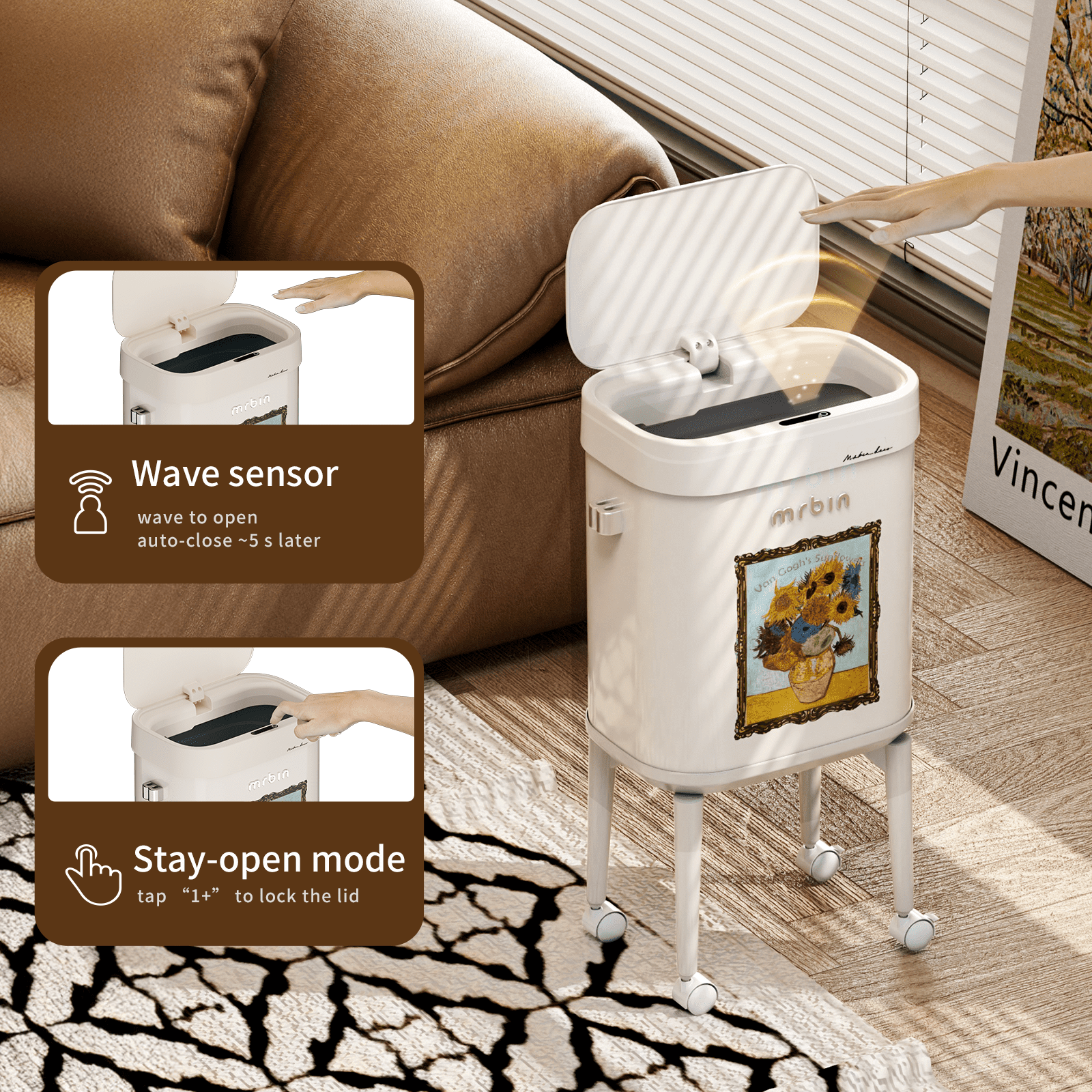 Mrbin Metal Motion Sensor Kitchen Trash Can with Wheel Legs, 15L / 4gal Metal Slim Trash Can, Pet Proof Tall Narrow Garbage Pail for Vanity, Bedroom, Bathroom, Living Room, Sunflower