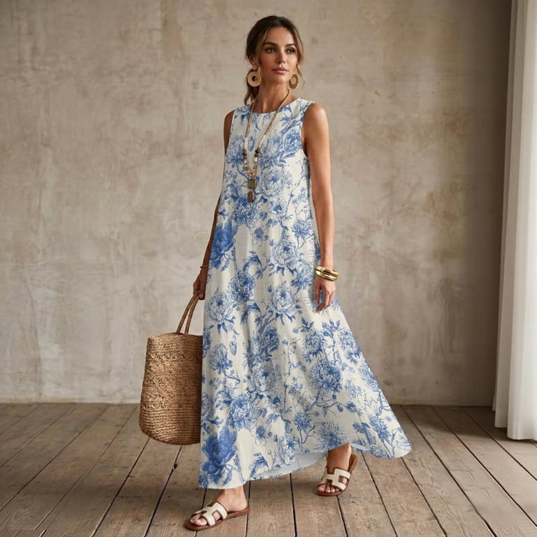 Jiueut Blue Floral Print Sleeveless Maxi Dress Women, Breathable Linen Look A Line Maxi Dress with 2 Pockets Summer Resort Wear Loose Fit Crewneck