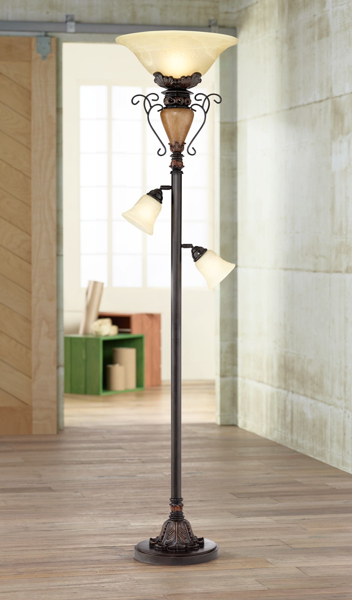 Regency Hill Traditional Torchiere Floor Lamp Tree Bronze Adjustable Alabaster Glass Shades Slide Dimmer For Living Room Reading