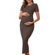 thumbnail image 1 of VESTIDO DE MATERNIDAD CHIC PARA MUJERES INSPIRE, Cuerpo ajustado midi, manga corta, elástico lateral, fruncido para embarazo, 1 pieza, sesión de fotos, baby shower, grande, marrón, 1 of 6