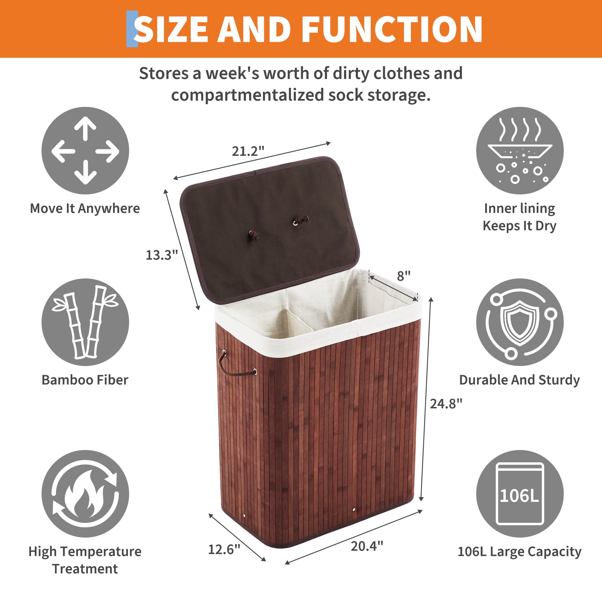 Garvee Folding Bamboo Laundry Hamper with Lid, 27.5 Gallon Large Capacity Wooden Basket with Washable Liner Bag, Slim Space-Saving Clothes Organizer for Small Bedroom, Apartment, Dorm, Brown