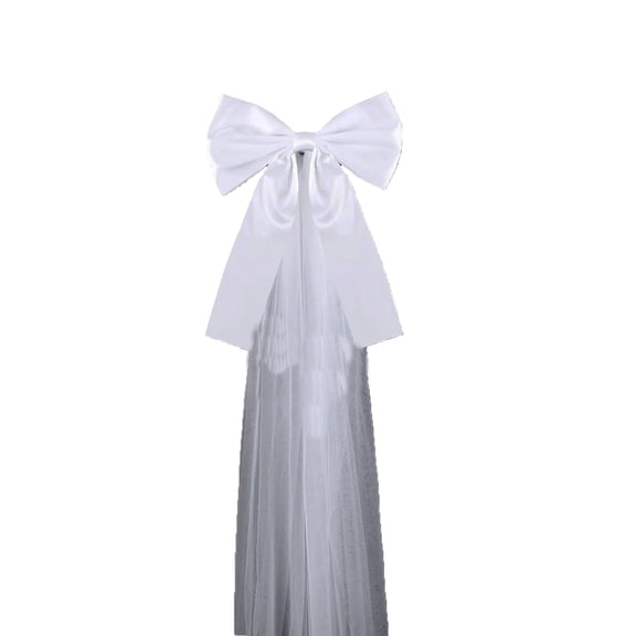 geerera White Wedding Pew Bow, 16x8 Inch Satin Aisle Bow with 24-Inch Tulle, for Church Chair Decor, Bridal Shower, Wedding Reception Decorations