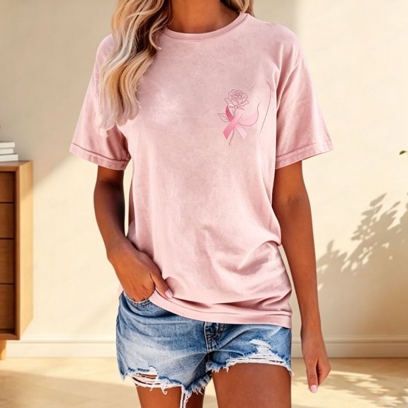Breast Cancer Shirts Wome Pink Ribbon Tshirt Cancer Awareness Tee Summer Short Sleeve Tops Support Squad Cancer T-Shirt Daily Wear