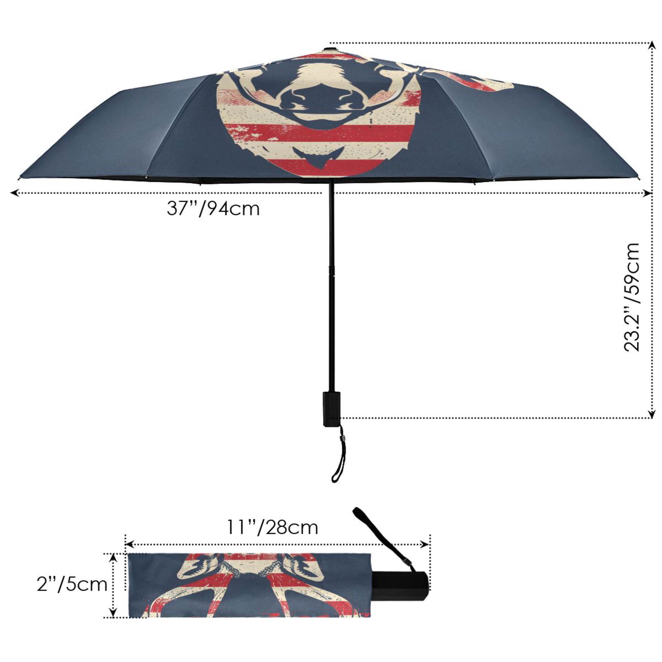 Deer with American Flag Compact Sun Umbrella Windproof Travel Umbrellas for Rain Strong Portable UV Protection